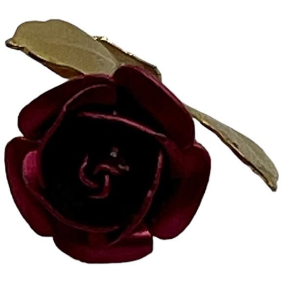 Deep Red Rose Gold Leaf Pendant - Romantic Floral Jewelry Burgundy Metal Flower - Picture 4 of 7